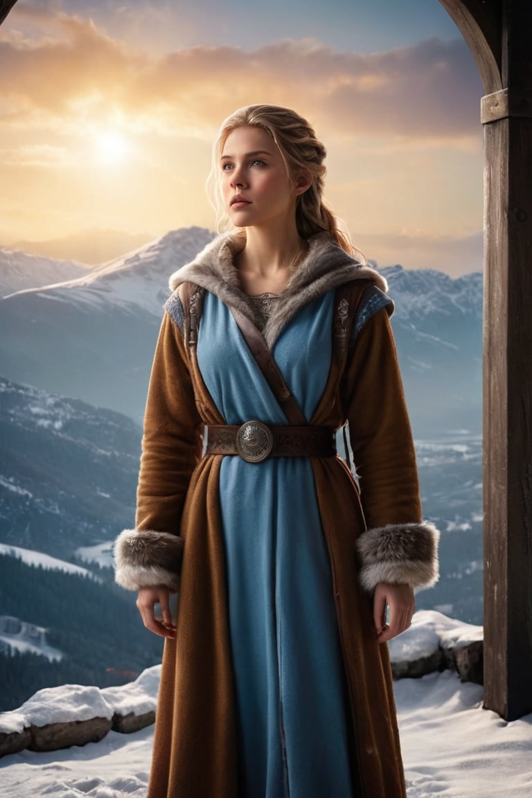 ((masterpiece)), ((best quality)), (((photo Realistic))), (3/4 portrait photo, top view:1.2), (8k, RAW photo, best quality, masterpiece:1.2), (realistic, photo-realistic:1.3), ultra-detailed, A cinematic photo capturing a young, pretty Nordic viking woman dressed in a robe and a thick jacket and snow boots, standing in a tall watchtower. She gazes intently at the North Star, her expression a mix of worry and tension as she awaits the impending attack on the besieged city. The marble city, perched on a plateau between two peaks, is visible in the background, with a breathtaking panoramic view of the surrounding landscapes. The sun is setting, casting a warm, golden hue over the snow covered scene and the atmosphere is filled with a sense of urgency and foreboding., photo, cinematic