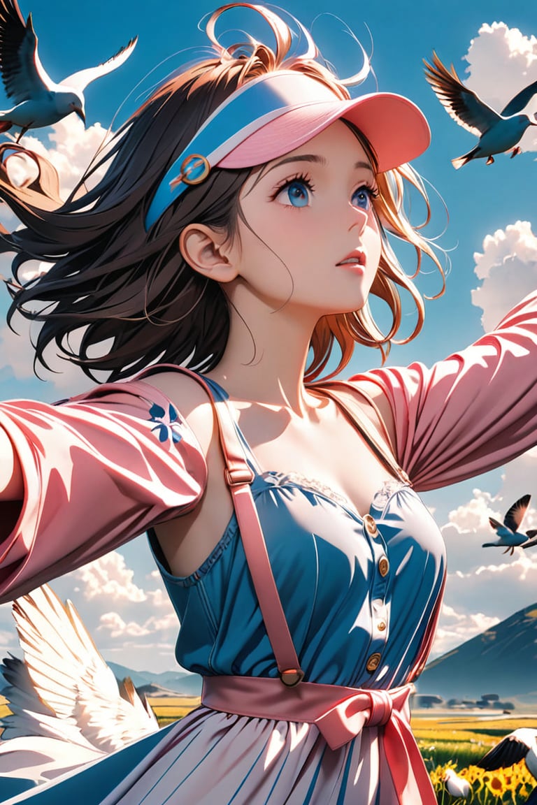 A young woman with tousled hair, wearing a pink jacket and a light blue floral dress. She is seen in a joyful pose, lifting her arms and adjusting a pink visor over her eyes. The backdrop is a vast sky with fluffy white clouds and three birds in flight. The overall mood of the image is one of freedom and carefreeness., photo, 3d render, fashion, cinematic, anime, portrait photography