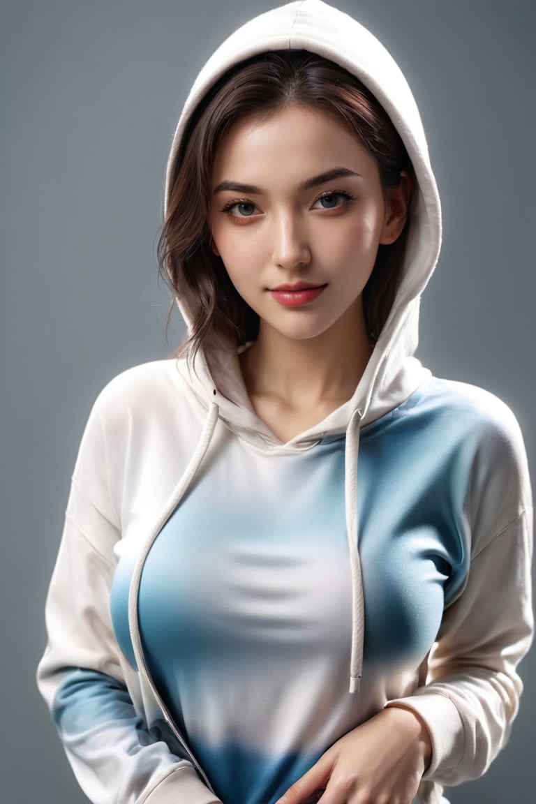 ((masterpiece)), ((best quality)), (((photo Realistic))), (3/4 portrait photo), (8k, RAW photo, best quality, masterpiece:1.2), gorgeous female wearing hoodie, (((bent over))), downblouse, smile, extended downblouse, attractive, flirting, (((upper body visible))), looking at viewer, portrait, photography, detailed skin, realistic, photo-realistic, 8k, highly detailed, full length frame, High detail RAW color art, diffused soft lighting, shallow depth of field, sharp focus, hyperrealism, cinematic lighting, 