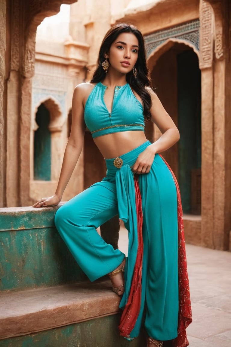 ((masterpiece)), ((best quality)), (((photo Realistic))), (3/4 portrait photo), (8k, RAW photo, best quality, masterpiece:1.2), (realistic, photo-realistic:1.3), gorgeous Jasmine from Aladdin, with a full-body shot showing her iconic turquoise pants and cropped top outfit. She is positioned slightly below eye level, giving her a powerful and confident appearance, and is off-center to the right with empty space on the left, creating a sense of openness and freedom. The lighting is soft and diffused, with bright and vibrant colors, and a moderate contrast that brings out intricate patterns. The shallow depth of field blurs the background, while a slightly skewed perspective angled upwards adds a sense of height and power. The mood is confident and empowering, with a cinematic and modern style that emphasizes the details of the shot. The background is the city of Agrabah and there is a slight vignetting effect with colors that are slightly desaturated and contrast that is increased, giving a slightly vintage and nostalgic feel. The texture is well-captured, with Nikon D850 and a 24-70mm f/2.8 lens used for the shot, at 1/125 sec, f/5.6, ISO 200.