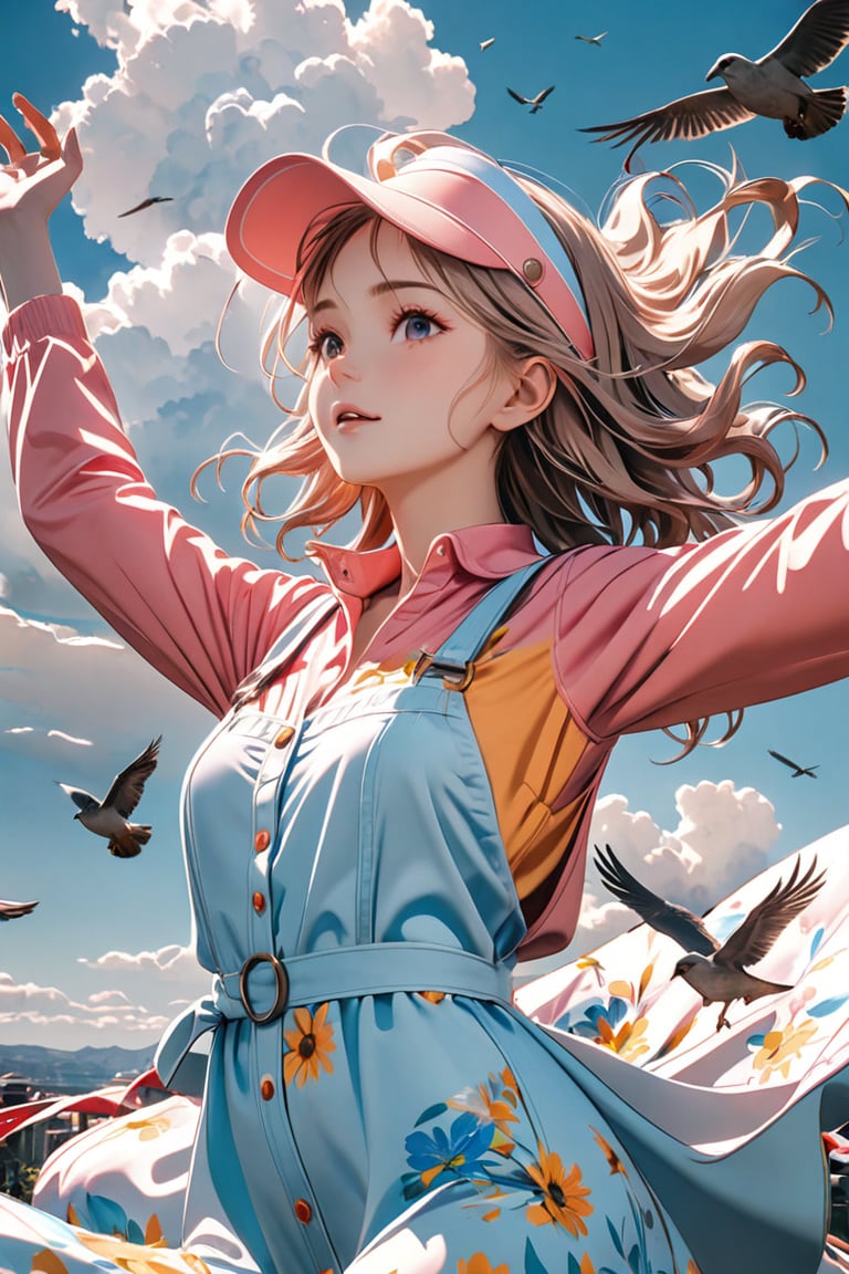A young woman with tousled hair, wearing a pink jacket and a light blue floral dress. She is seen in a joyful pose, lifting her arms and adjusting a pink visor over her eyes. The backdrop is a vast sky with fluffy white clouds and three birds in flight. The overall mood of the image is one of freedom and carefreeness., photo, 3d render, fashion, cinematic, anime, portrait photography