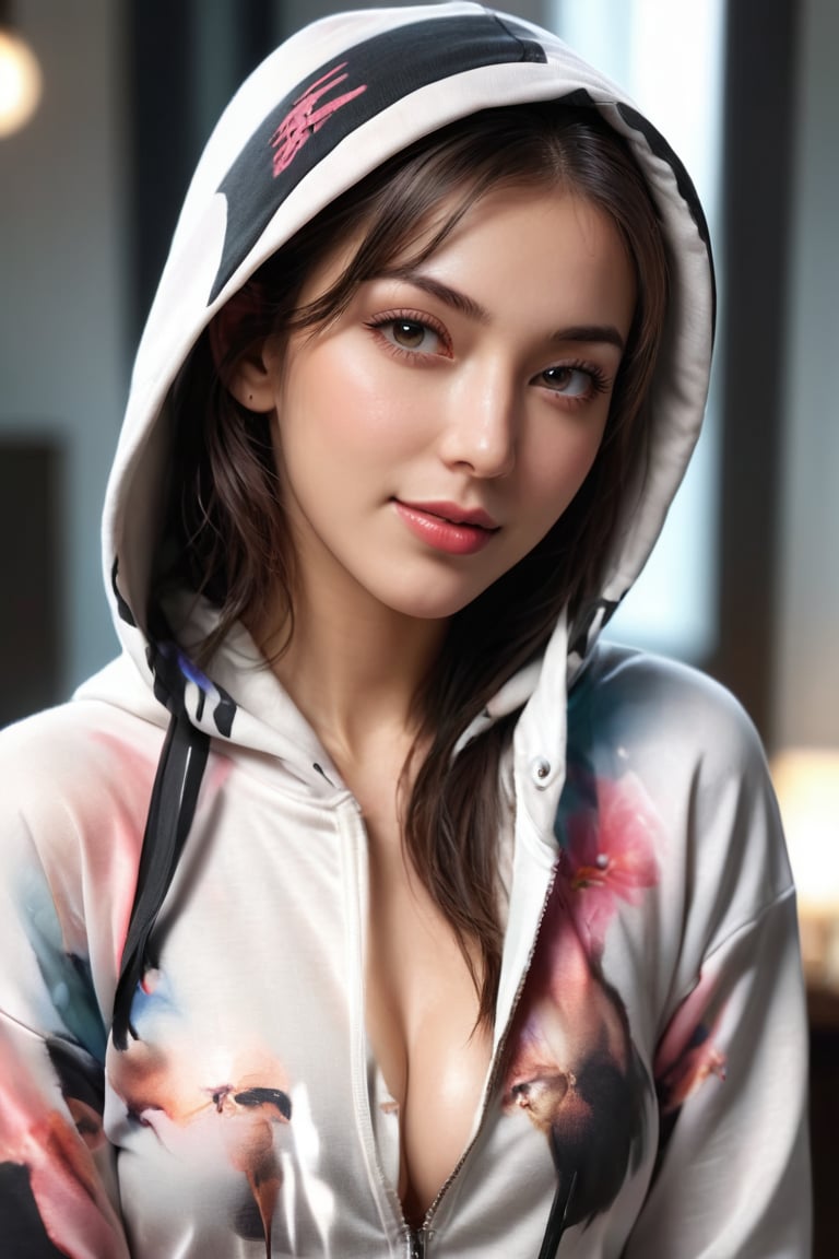 ((masterpiece)), ((best quality)), (((photo Realistic))), (3/4 portrait photo), (8k, RAW photo, best quality, masterpiece:1.2), gorgeous female wearing hoodie, (((bent over))), downblouse, smile, extended downblouse, attractive, flirting, (((upper body visible))), looking at viewer, portrait, photography, detailed skin, realistic, photo-realistic, 8k, highly detailed, full length frame, High detail RAW color art, diffused soft lighting, shallow depth of field, sharp focus, hyperrealism, cinematic lighting, 