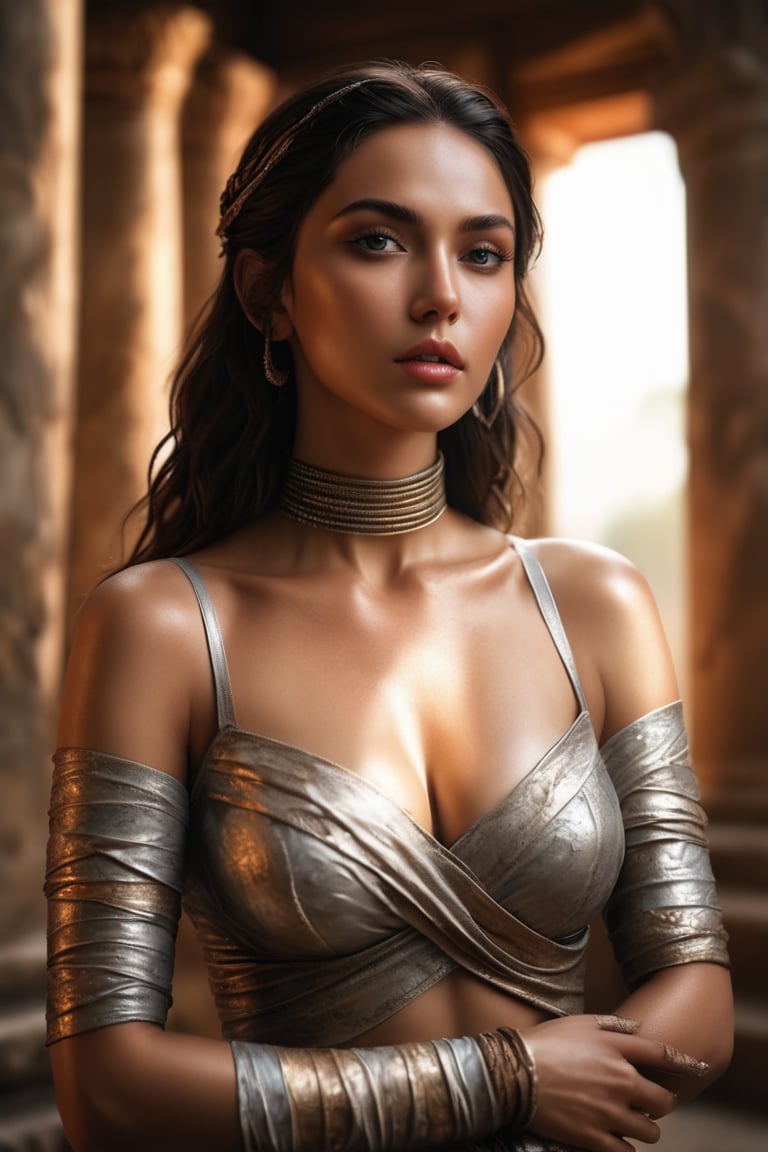 ((masterpiece)), ((best quality)), (((photo Realistic))), (3/4 portrait photo), (8k, RAW photo, best quality, masterpiece:1.2), (realistic, photo-realistic:1.3), (((gorgeous female goddess))), gorgeous female dressed like mummy, dirty skin, wearing bandages, to8contrast style, standing in ancient temple, claw pose, attractive, flirting, (((full body visible))), looking at viewer, portrait, photography, detailed skin, realistic, photo-realistic, 8k, highly detailed, full length frame, High detail RAW color art, diffused soft lighting, shallow depth of field, sharp focus, hyperrealism, cinematic lighting , <