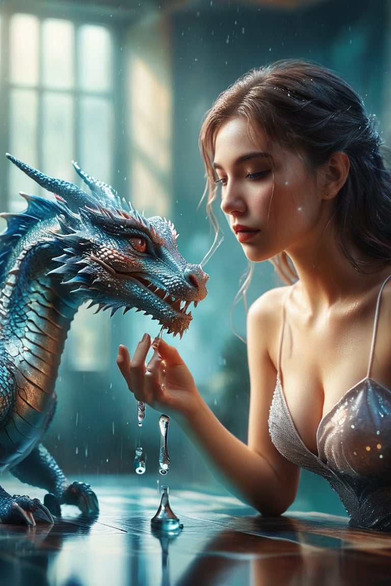 ((masterpiece)), ((best quality)), (((photo Realistic))), expressionism, realism with overdrive, a pretty girl playing chess with the big magical transparent water dragon, artistic water drops, dynamic pose, tenderness, full-color palette, octane rendering, soft natural volumetric light, bioluminescence atmospheric, sharp focus, centered composition, professional photography, complex background, soft haze, masterpiece. animalistic, beautiful, fine details, 16k, concept art