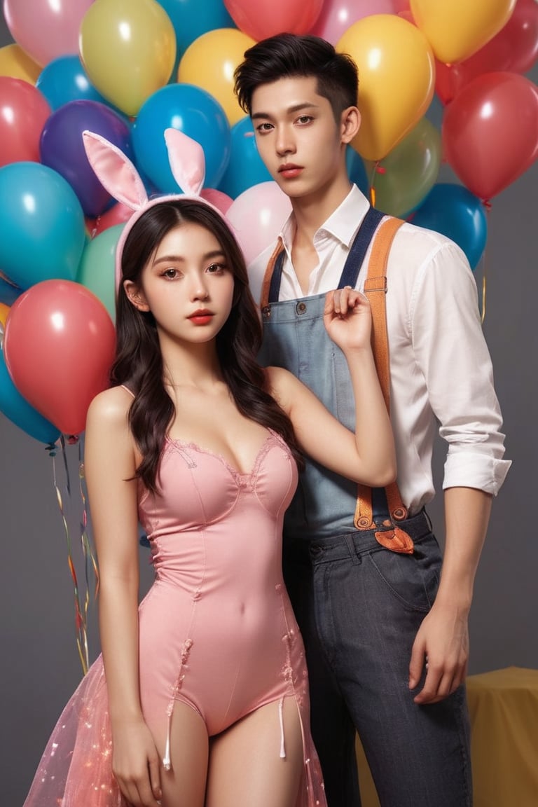 ((masterpiece)), ((best quality)), (((photo Realistic))), A playful anime illustration featuring two young, attractive women teasing their male friend. The women, dressed in revealing and vibrant outfits, stand on either side of the male character, who is amused and slightly embarrassed. Their outfits are adorned with bunny ears, as if they are part of a bunny costume. The background is filled with playful elements such as hearts, balloons, and confetti. The overall atmosphere is lighthearted and fun.
