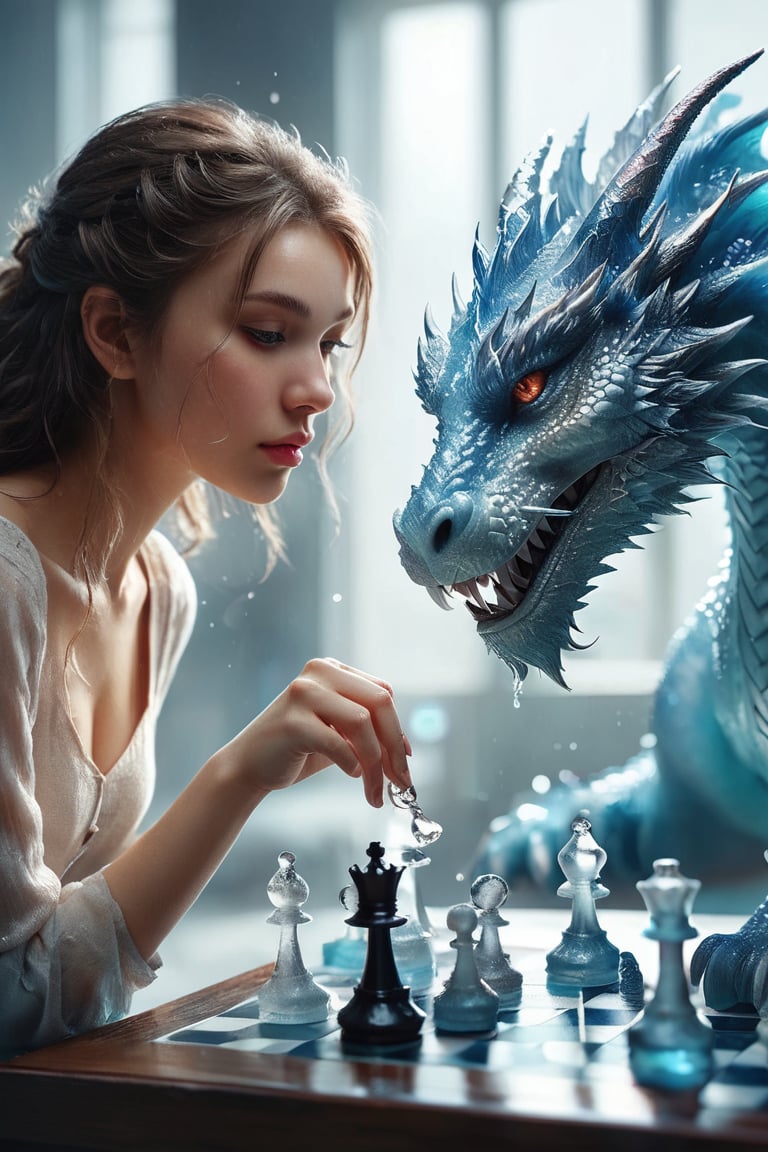 ((masterpiece)), ((best quality)), (((photo Realistic))), expressionism, realism with overdrive, a pretty girl playing chess with the huge magical ice dragon, artistic water drops, dynamic pose, tenderness, full-color palette, octane rendering, soft natural volumetric light, bioluminescence atmospheric, sharp focus, centered composition, professional photography, complex background, soft haze, masterpiece. animalistic, beautiful, fine details, 16k, concept art