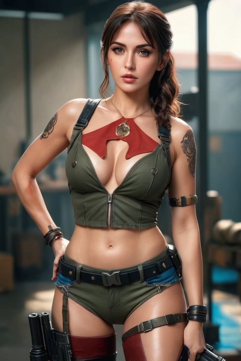 ((masterpiece)), ((best quality)), (((photo Realistic))), (3/4 portrait photo), (8k, RAW photo, best quality, masterpiece:1.2), (realistic, photo-realistic:1.3), (((gorgeous female))), dressed as rambo with heavy weapons, attractive, ((flirting)), centered, (((full body visible))), looking at viewer, portrait, photography, detailed skin, realistic, photo-realistic, 8k, highly detailed, full length frame, High detail RAW color art, diffused soft lighting, shallow depth of field, sharp focus, hyperrealism, cinematic lighting