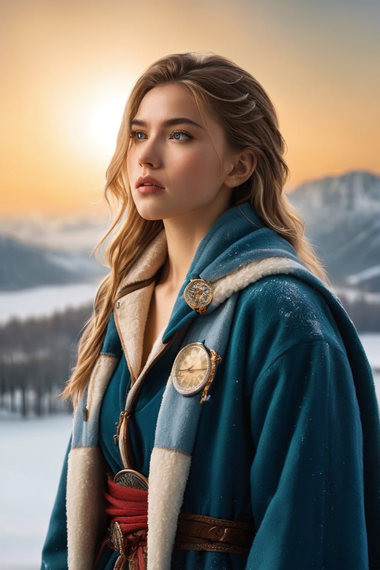 ((masterpiece)), ((best quality)), (((photo Realistic))), (3/4 portrait photo, wide angle view:1.2), (8k, RAW photo, best quality, masterpiece:1.2), (realistic, photo-realistic:1.3), ultra-detailed, A cinematic photo capturing a young, pretty Nordic viking woman dressed in a robe and a thick jacket and snow boots, standing in a tall watchtower. She gazes intently at the North Star, her expression a mix of worry and tension as she awaits the impending attack on the besieged city. The marble city, perched on a plateau between two peaks, is visible in the background, with a breathtaking panoramic view of the surrounding landscapes. The sun is setting, casting a warm, golden hue over the snow covered scene and the atmosphere is filled with a sense of urgency and foreboding., photo, cinematic