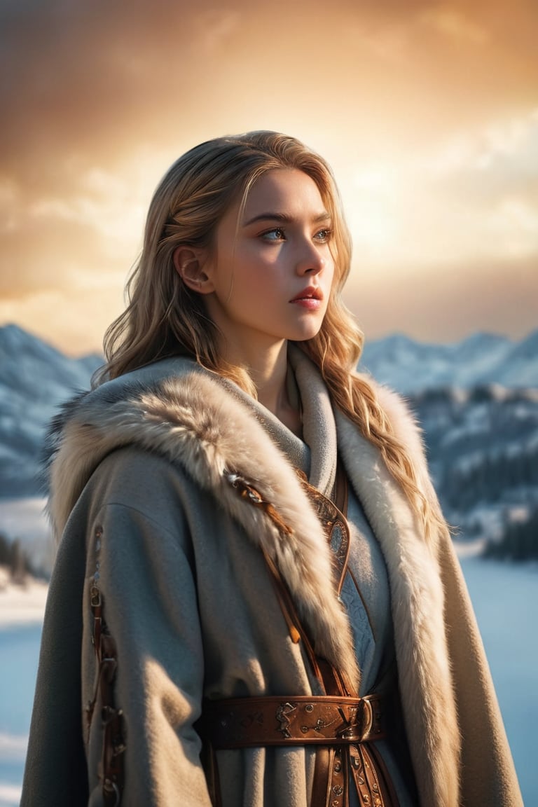 ((masterpiece)), ((best quality)), (((photo Realistic))), (3/4 portrait photo, top view:1.2), (8k, RAW photo, best quality, masterpiece:1.2), (realistic, photo-realistic:1.3), ultra-detailed, A cinematic photo capturing a young, pretty Nordic viking woman dressed in a robe and a thick jacket and snow boots, standing in a tall watchtower. She gazes intently at the North Star, her expression a mix of worry and tension as she awaits the impending attack on the besieged city. The marble city, perched on a plateau between two peaks, is visible in the background, with a breathtaking panoramic view of the surrounding landscapes. The sun is setting, casting a warm, golden hue over the snow covered scene and the atmosphere is filled with a sense of urgency and foreboding., photo, cinematic