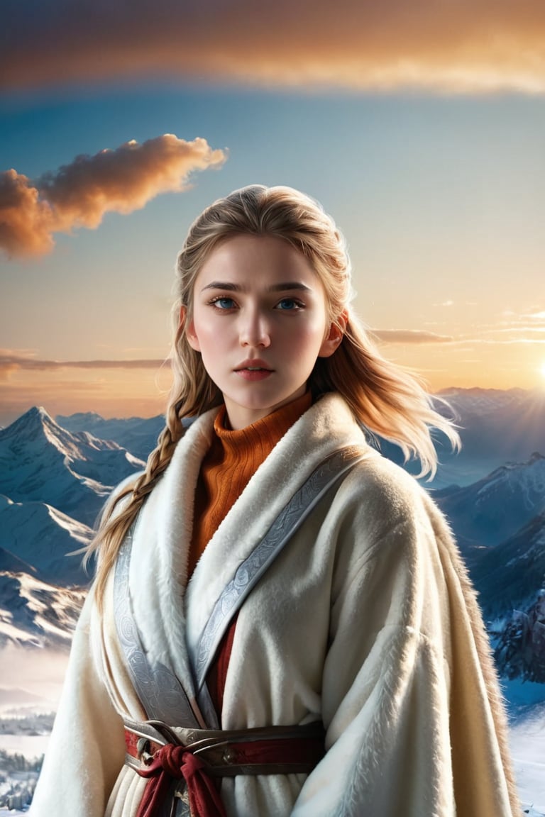 ((masterpiece)), ((best quality)), (((photo Realistic))), (3/4 portrait photo, top view:1.2), (8k, RAW photo, best quality, masterpiece:1.2), (realistic, photo-realistic:1.3), ultra-detailed, A cinematic photo capturing a young, pretty Nordic viking woman dressed in a robe and a thick jacket and snow boots, standing in a tall watchtower. She gazes intently at the North Star, her expression a mix of worry and tension as she awaits the impending attack on the besieged city. The marble city, perched on a plateau between two peaks, is visible in the background, with a breathtaking panoramic view of the surrounding landscapes. The sun is setting, casting a warm, golden hue over the snow covered scene and the atmosphere is filled with a sense of urgency and foreboding., photo, cinematic