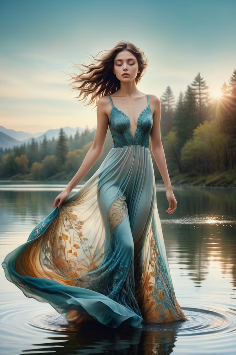 ((masterpiece)), ((best quality)), (((photo Realistic))), A mesmerizing high-resolution photograph of a seductive young girl walking on a serene lake, showcasing the perfect blend of nature, fashion, and artistry. The woman is dressed in an exquisite floor-length transparent dress floating harmonizing flawlessly with the lake's hues and submerged rocks. The dress appears to dance with the gentle ripples, creating an illusion of a seamless connection between the woman and her enchanting surroundings. The background features intricate, swirling zentangle patterns, adding depth and texture to the scene. The overall atmosphere is dreamy and mystical, immersing the viewer in a world where beauty, style, and nature are intertwined in perfect harmony. The woman's enigmatic aura and captivating eyes draw the viewer into her otherworldly realm, inviting them to embark on a journey through the fusion of fashion and nature, ,xxmix_girl