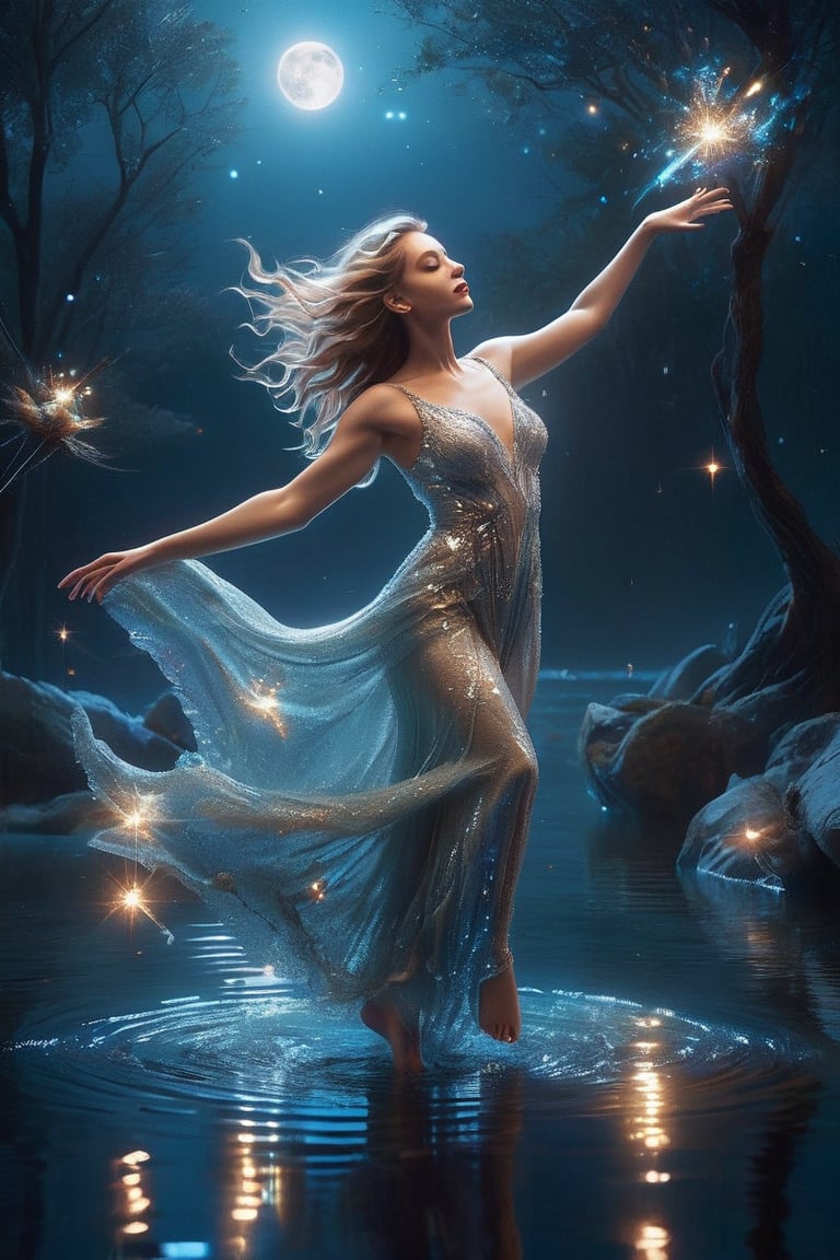 full body, ((masterpiece)), ((best quality)), (((photo Realistic))), A captivating, dreamlike rendition depicting a mesmerizing young woman dancing effortlessly on the water's surface at the ocean's edge. The water, masterfully rendered with a unique blend of glassy and fluid-like textures, creates an enchanting scene. The dancer is attired in a transparent breathtaking, vibrant ensemble that shimmers and glistens under the moon's gentle glow, accentuated by sparkling accessories. She is surrounded by a magical, star-studded night sky alive with glowing fireflies and floating musical notes, adding an extra layer of captivation to the atmosphere. The high dynamic range (HDR) and screen space ambient occlusion (SSAO) techniques employed by the artist contribute to the cinematic, surreal ambiance, transforming this work into a true masterpiece and a striking, painting, poster, conceptual art,mad-cyberspace,glitter