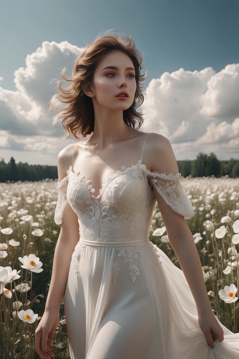 full body:1.2, ((masterpiece)), ((best quality)), (((photo Realistic))), A captivating image featuring an enchanting, ethereal young lustful woman in a breathtaking white wedding dress. She is gracefully floating among fluffy clouds while holding a delicate bouquet of anemones. She has beautiful symmetrical eyes. Her shy, yet radiant smile conveys an air of happiness and mystery, blending elements of cinematic movie scene. create a dreamlike atmosphere that envelops the viewer in this magical moment,cinematic style