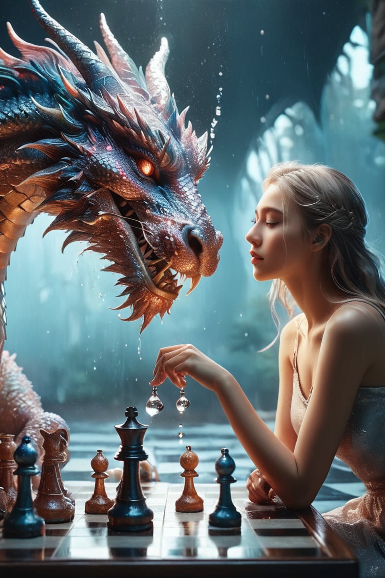 ((masterpiece)), ((best quality)), (((photo Realistic))), expressionism, realism with overdrive, a pretty girl playing chess with the huge magical dragon, artistic water drops, dynamic pose, tenderness, full-color palette, octane rendering, soft natural volumetric light, bioluminescence atmospheric, sharp focus, centered composition, professional photography, complex background, soft haze, masterpiece. animalistic, beautiful, fine details, 16k, concept art