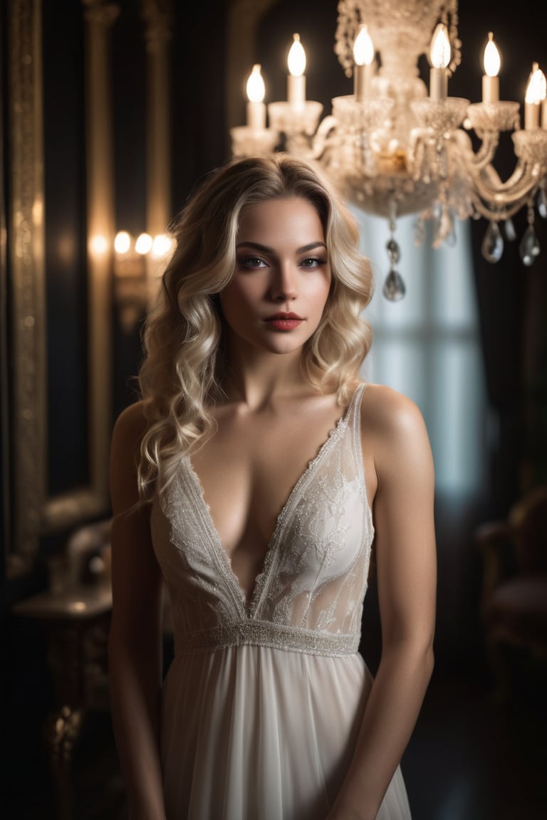 A breathtaking portrait photo of a fit young woman. A sultry, alluring goddess with a captivating smile, dressed in a revealing, lace-trimmed white dress. She has a playful sparkle in her eye, fair pale skin and her long, flowing blond hair is styled in loose waves. The background is a dimly lit, vintage-style well-lit luxury room with a chandelier and a velvet curtain, creating an atmosphere of mystery and seduction.