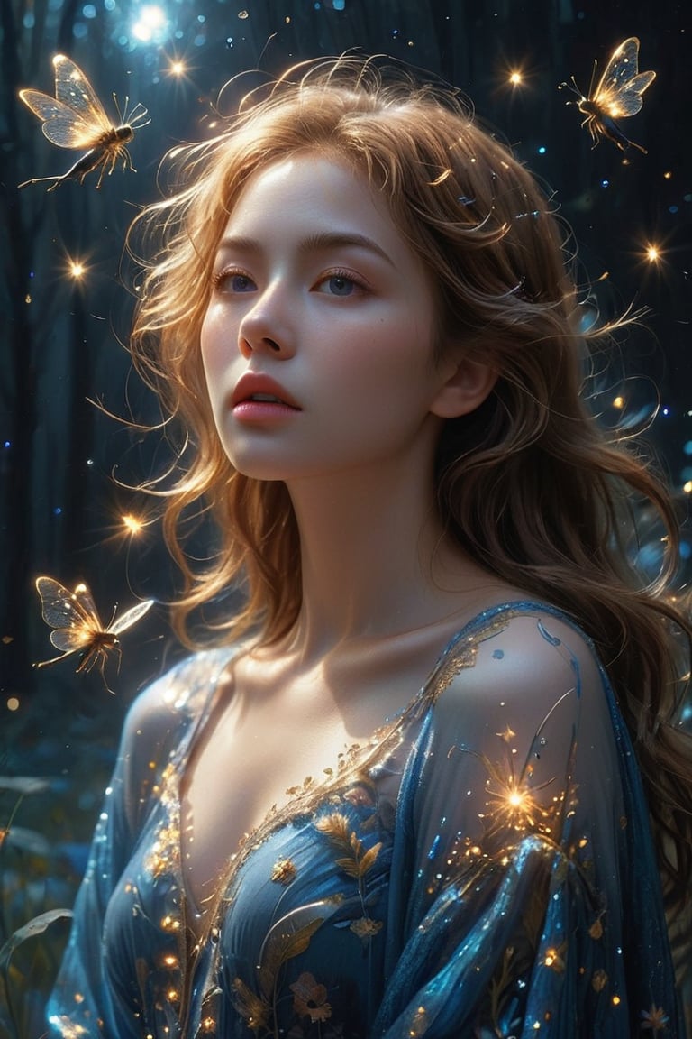 The young alluring lighting goddess. A digital masterpiece image, featuring a woman in a deep blue background, enveloped in a swarm of bright fireflies that illuminate the darkness with flashes of light. With her soft, wavy glowing golden hair, the woman exudes an aura of tranquility and serenity. Her gleaming dress appears as an ethereal cloak of light that blends with the glow of the fireflies, while the winged creatures flutter around her, creating a magical and captivating effect. The harmony of deep blue tones and the soft radiance of the fireflies establishes an enchanting atmosphere that captures the audience's attention and imagination.,glitter,gl1tt3rsk1n