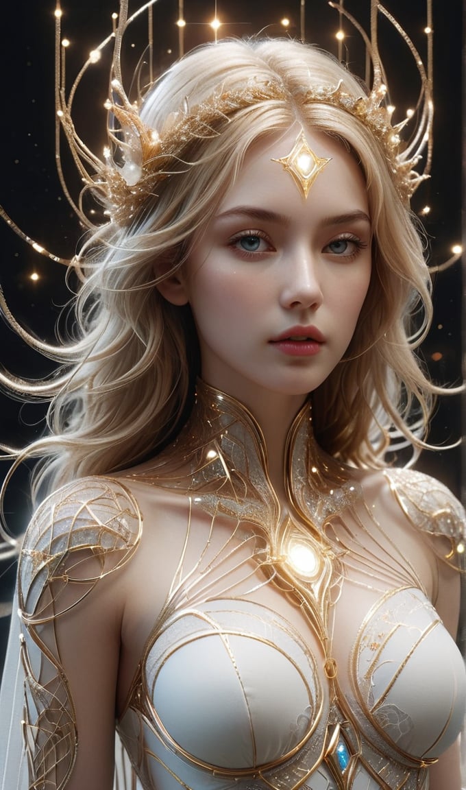 A futuristic young alluring woman with long golden hair. "The Luminous Wireframe Sorceress" is an impressive and evocative digital artwork, featuring a luminous sorceress adorned with a dress and cape made of mesh wireframe in bright white strands. The lines, an intricate web of shining white strands, intertwine forming ethereal geometric patterns that glow and radiate intensely under the light. The piece masterfully combines digital rendering with portrait photography, immersing the viewer in a hypnotic and magical visual experience. The striking contrast between the white wireframe strands and the dark, mysterious background of a nebulous landscape creates a charming atmosphere that leaves a lasting impression. 