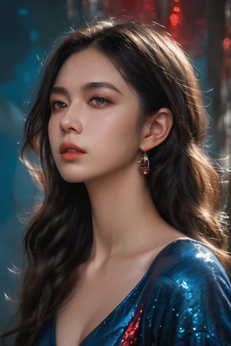 ((masterpiece)), ((best quality)), (((photo Realistic))), A striking picture featuring a fantasy-themed fashion portrait. A tousled, buxom brunette, clad in a glittery dress with a plunging cutout neckline. The backgrounds are half in red hues and half in Blue., portrait photography, fashion