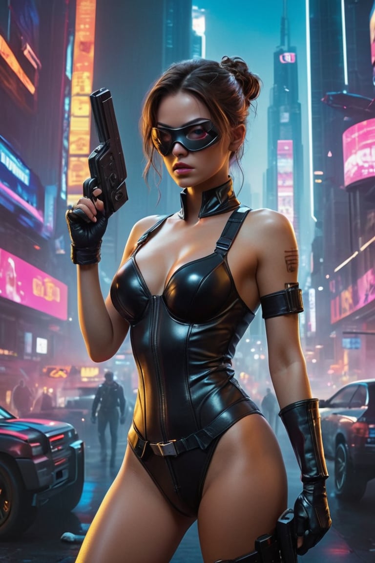 full body:1.2, ((masterpiece)), ((best quality)), (((photo Realistic))), A striking portrait of a young svelte woman standing against a glowing background adorned with futuristic gleaming gadgets. A stunning, ultra-high-definition movie poster for the action-packed film 'Is Gaming'. A fierce female protagonist is front and center, dressed in a tight, black leather outfit, complete with gloves and boots. Her hair is tied back, and she wears a face mask that covers her eyes. She holds a remote control in one hand and a large pistol in the other. The background features a futuristic, neon-lit cityscape with skyscrapers and a holographic advertisement of the game. The overall atmosphere is intense and electrifying., poster