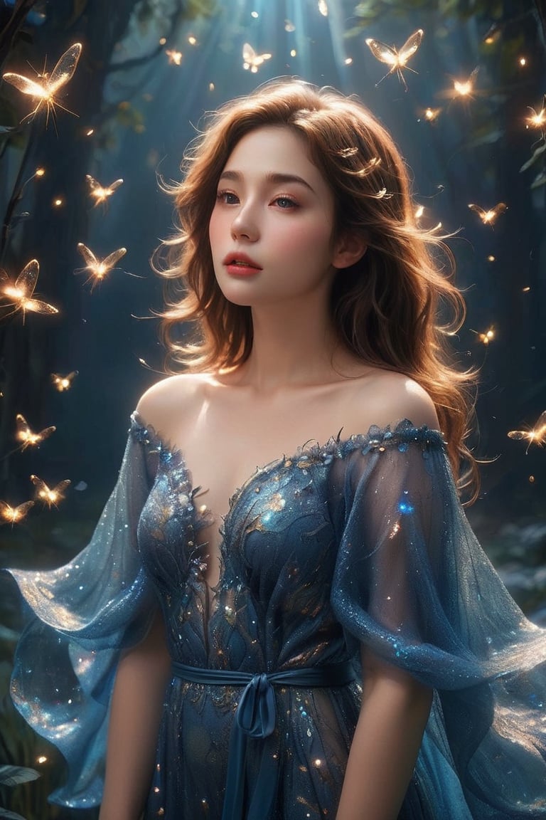 The young alluring lighting goddess. A digital masterpiece image, featuring a woman in a deep blue background, enveloped in a swarm of bright fireflies that illuminate the darkness with flashes of light. With her soft, wavy brown hair, the woman exudes an aura of tranquility and serenity. Her dress appears as an ethereal cloak of light that blends with the glow of the fireflies, while the winged creatures flutter around her, creating a magical and captivating effect. The harmony of deep blue tones and the soft radiance of the fireflies establishes an enchanting atmosphere that captures the audience's attention and imagination.,glitter