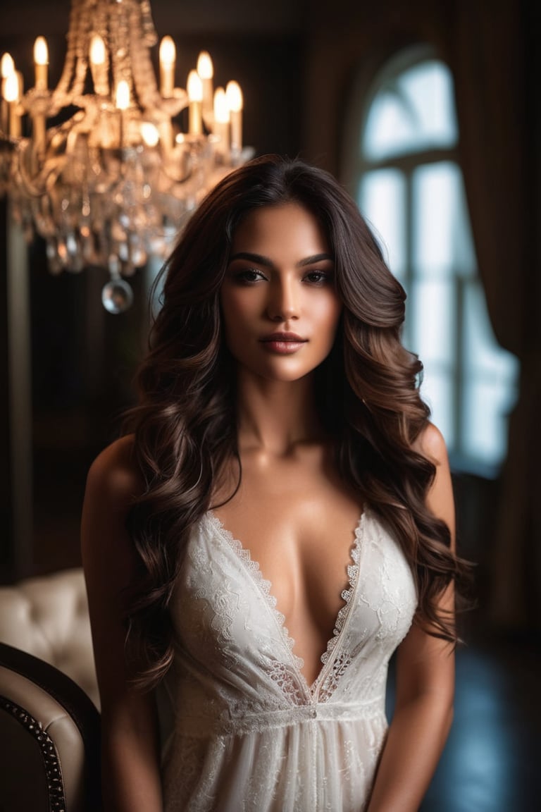 A breathtaking portrait photo of a fit young woman. A sultry, alluring goddess with a captivating smile, dressed in a revealing, lace-trimmed white dress. She has a playful sparkle in her eye, and her long, flowing hair is styled in loose waves. The background is a dimly lit, vintage-style well-lit luxury room with a chandelier and a velvet curtain, creating an atmosphere of mystery and seduction.