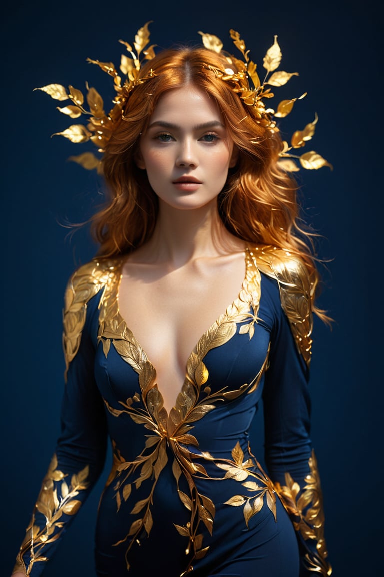 a captivating alluring young woman stands against a dark blue background, surrounded by a halo of golden light. Instead of a conventional dress, the woman appears to be wrapped in a cascade of gold leaves that flow elegantly around her figure. Her copper hair is intertwined with the golden leaves, creating an image of natural beauty and serenity. The combination of deep blue tones and golden glow creates an atmosphere of warmth and majesty. 