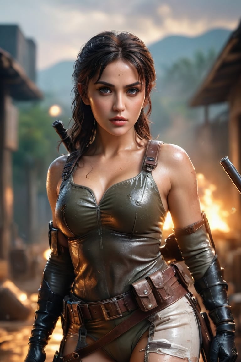 ((masterpiece)), ((best quality)), (((photo Realistic))), (3/4 portrait photo), (8k, RAW photo, best quality, masterpiece:1.2), (realistic, photo-realistic:1.3), (((gorgeous female goddess))), dressed as rambo with heavy weapons, attractive sweaty body, ((flirting)), centered, (((full body visible))), looking at viewer, masterpiece movie still portrait, photography, detailed skin, realistic, photo-realistic, 8k, highly detailed, full length frame, High detail RAW color art, diffused soft lighting, shallow depth of field, sharp focus, hyperrealism, cinematic lighting,more detail XL