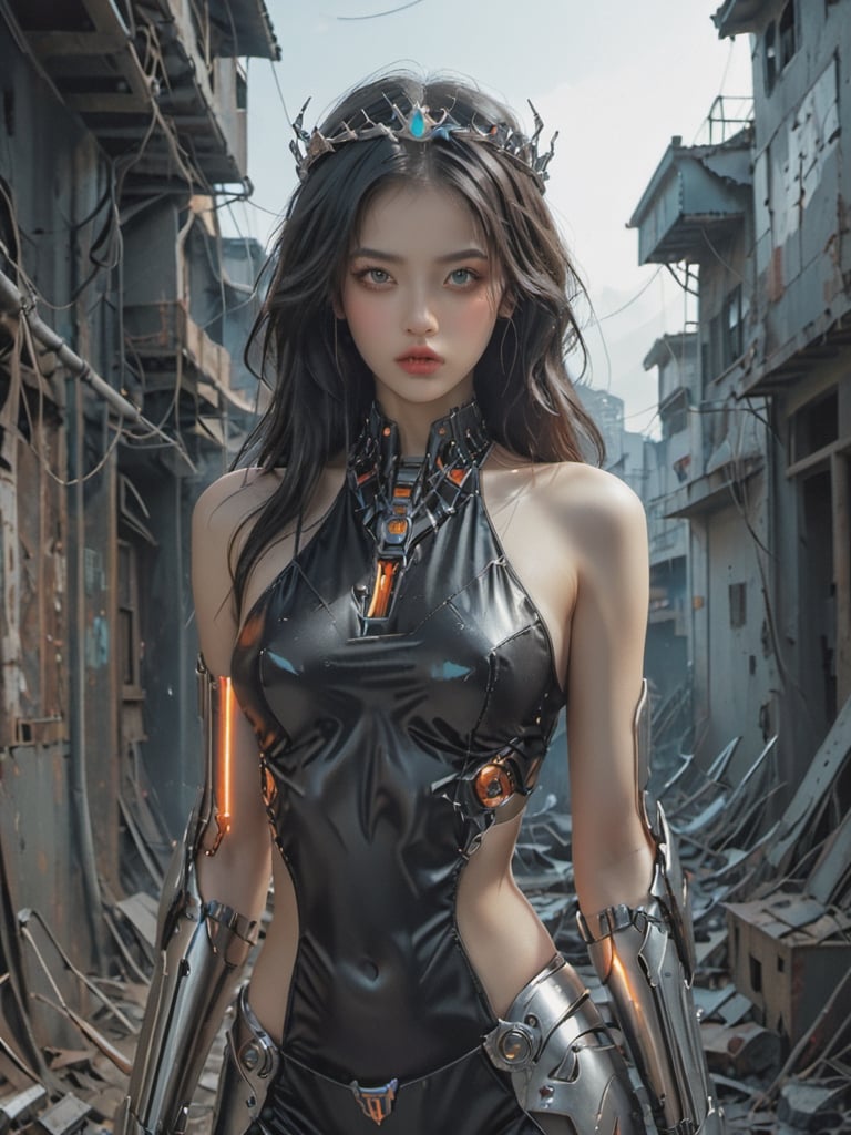 A mesmerizing image of a dark-haired female with crown of barbed wire and a glow orange, Epic full bodymasterpiece,, 8K, ultra detailed graphic tension, dynamic poses, stunning colors, 3D rendering, surrealism, cinematic lighting effects, realism, 00 renderer, super realistic, full - body photos, super vista, super wide Angle, In a futuristic abandoned city, a girl with a huge mechanical arm is engaged in a fierce struggle with the enemy, Her name is Eve a fighting angel from the future world, Her eyes are firm and resolute, showing the desire for victory, high-definition picture, real effect, hyper-realistic portraits, xiaofei yue, uniformly staged images, flat yet expressive, style raw, cinematic, fashion, ,Mechanical part,futurecamisole