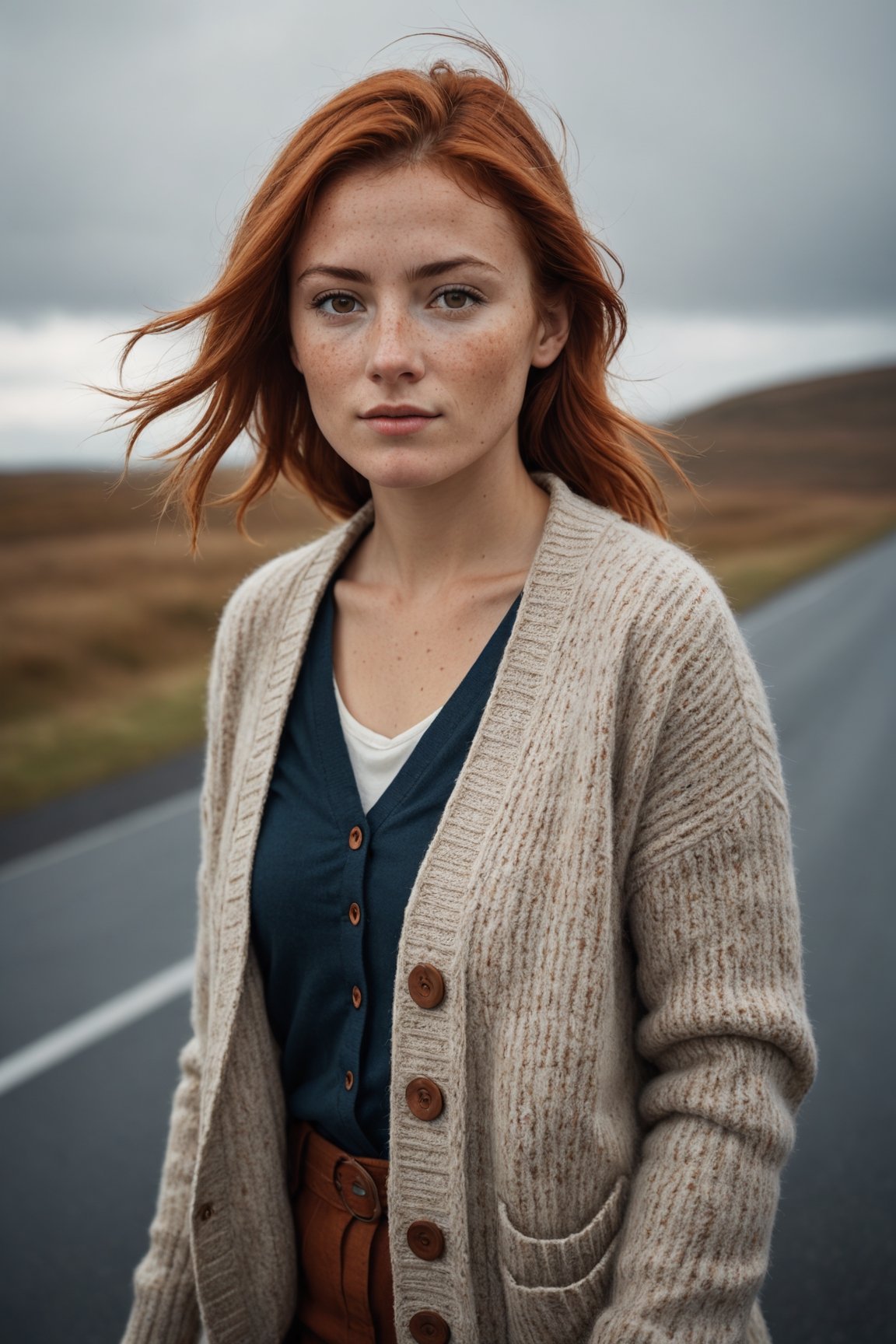 medium_shot, full body, photo of a nordic woman with freckled hair, brown eyes, Cardigan, cloudy and windy day,fine art, medium format photography  hasselblad 35 mm, sharp focus, photo r3al