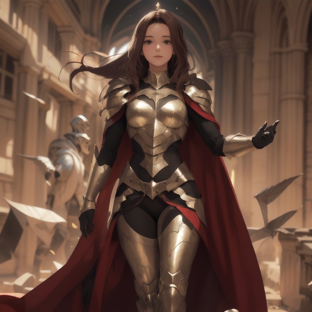 Queen, Black-Gold Palette, Strong, Strong, Majestic Cape, Regal Armor, Crimson Long Hair,female_solo,solo,solo_female,1gril,girl,full_body,full-body_,photo r3al,LinkGirl,entire body,1 girl,3va,medieval armor