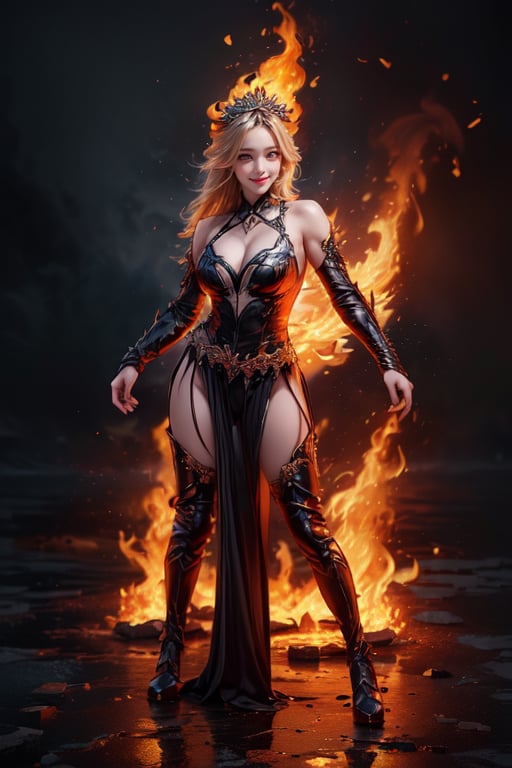 (masterpiece, high quality:1.5), (8K, HDR), masterpiece, best quality, 1girl, solo, full Body, black background, FuturEvoLabFlame, swords on fire, sexy, model pose, realistic face, looking into camera