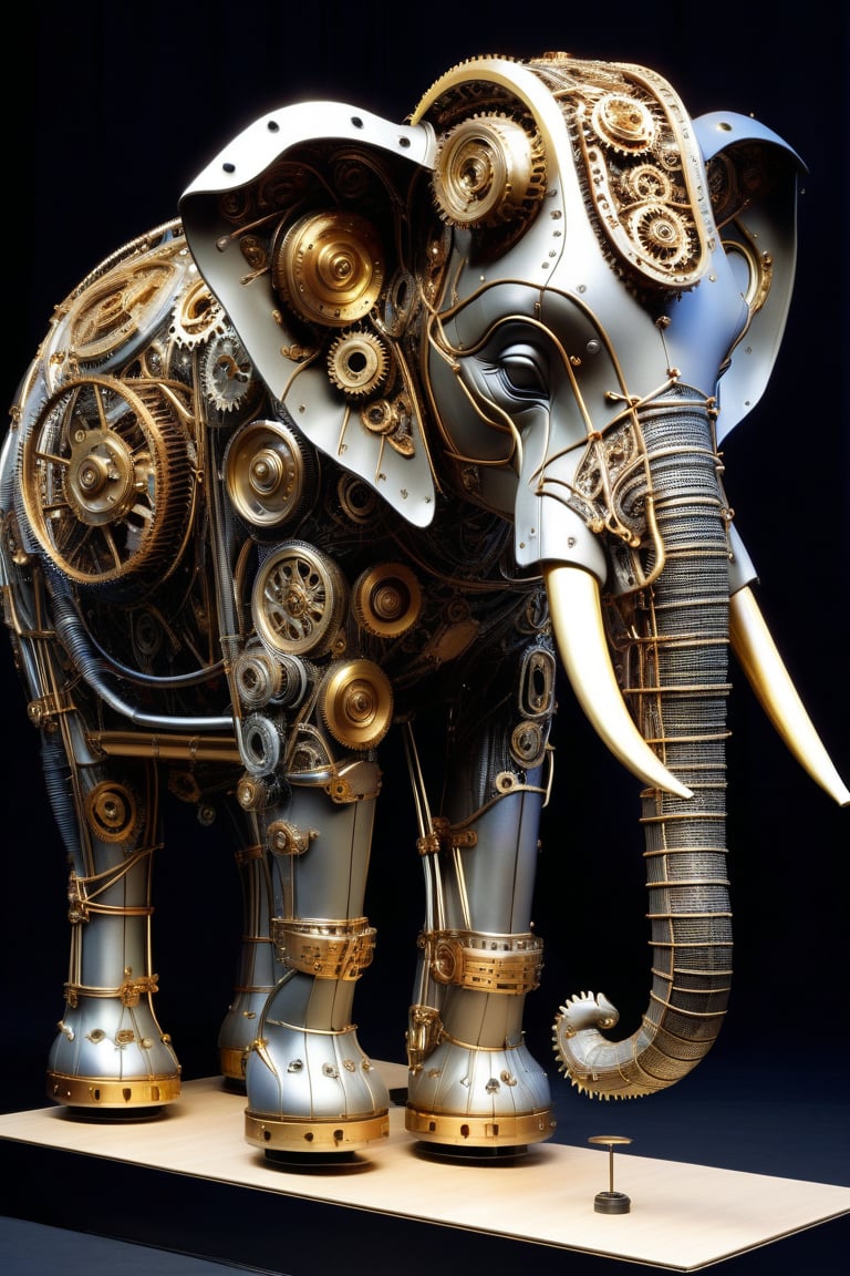 The elephant is constructed with numerous mechanical components, including gears, screws, and wires, intricately mimicking the form of an elephant. The head features intricate gear structures, while wires and pipes make up the trunk. The body consists of metallic parts, each intricately detailed to resemble elephant skin.,DonMSt34mPXL