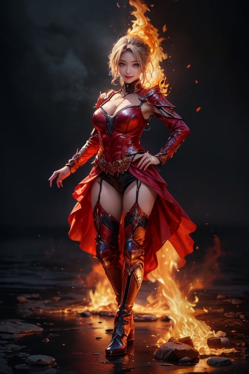 (masterpiece, high quality:1.5), (8K, HDR), masterpiece, best quality, 1girl, solo, full Body, black background, FuturEvoLabFlame, swords on fire, sexy, model pose, realistic face, looking into camera