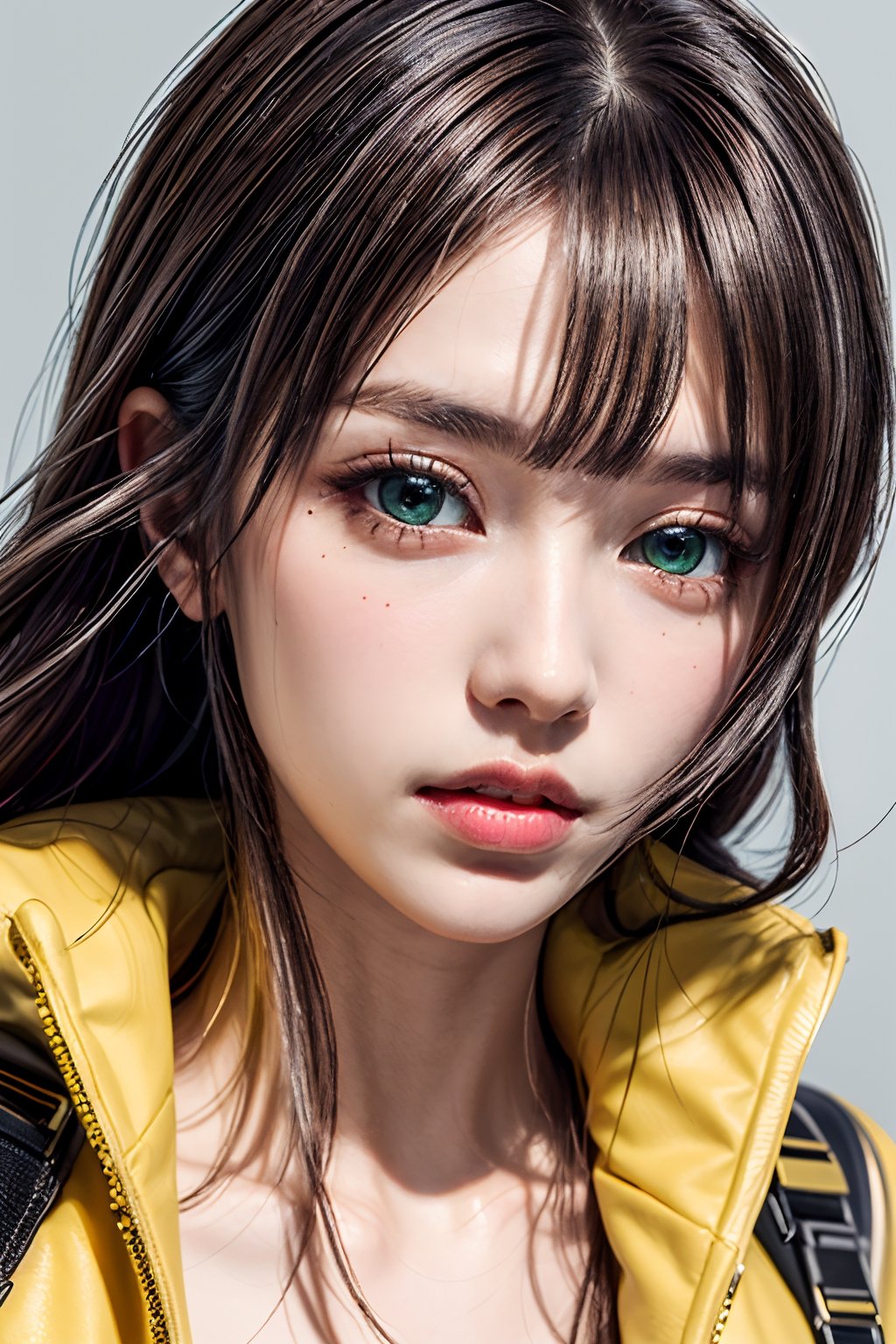  1 Girl, brown long hair, brown eye, yellow coat, green sneakers, close up, ,photo of perfecteyes eyes, 169cm, 49kg,who,raiden shogun