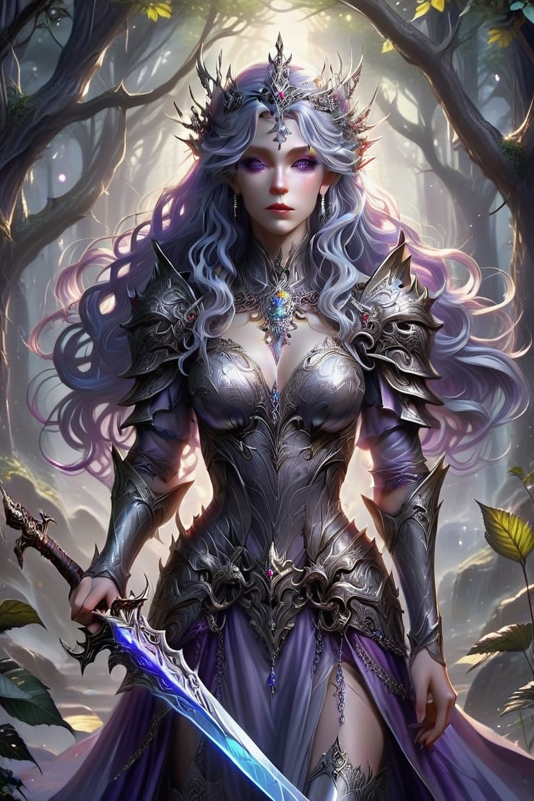 Beautiful gorgeous elf lady in stunning sparkling silver wedding dress, long silver-purple curly hair, gemstone jewelry, stands alone in the enchanted elven forest, Her face expresses concern, sadness; in one hand, she holds a sword. full body portrait, hyperdetailed, intricately detailed, volumetric lighting, Unreal Engine 5, landscape, vibrant, fantasy, hyperrealism, complementary colors,style,concept