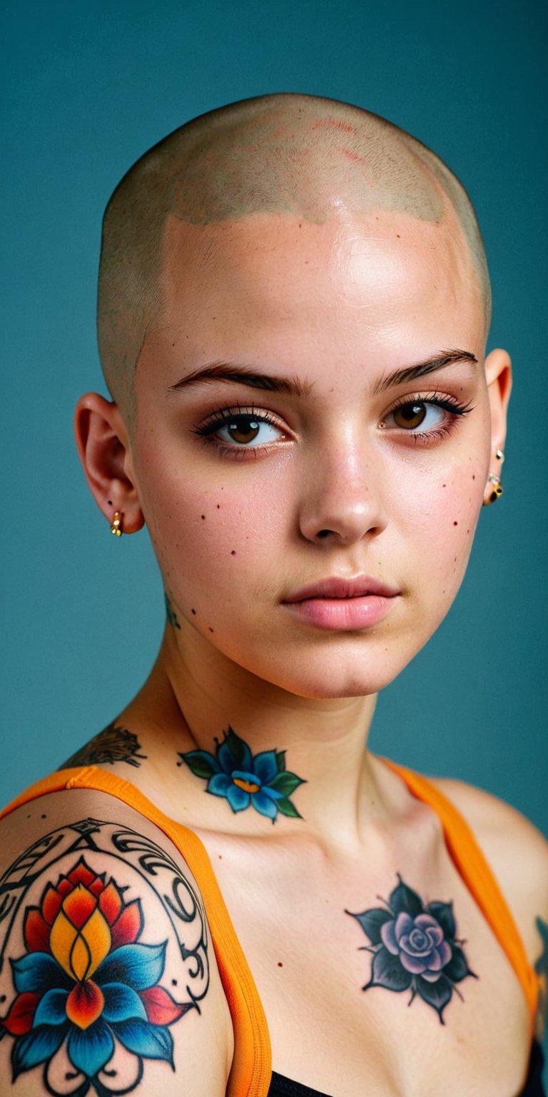 (best quality, 16k, high resolution), high quality professional photograph of a bald 18 year old girl with an emphasis on tattoos, no hair on her head against a plain background. Her face does not express any emotions; it shows only indifference, detachment and indifference to everything. The style should be realistic and detailed. This photo should have a shallow depth of field to highlight the subject and create a visually striking image that highlights diversity and personal style...((bald girl))