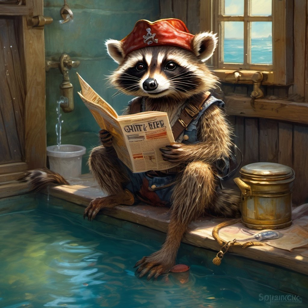 Hyper-detailed  painting, Jean-Baptiste Monge style, one cute little racoon sitting on the water toilette  and reading the newspaper,  wearing a pirate hat, glittering, cute and adorable, filigree, day light, fluffy, magic, surreal, fantasy, digital art, ultra hd, hyper-realistic illustration, vivid colors, day-light,greg rutkowski