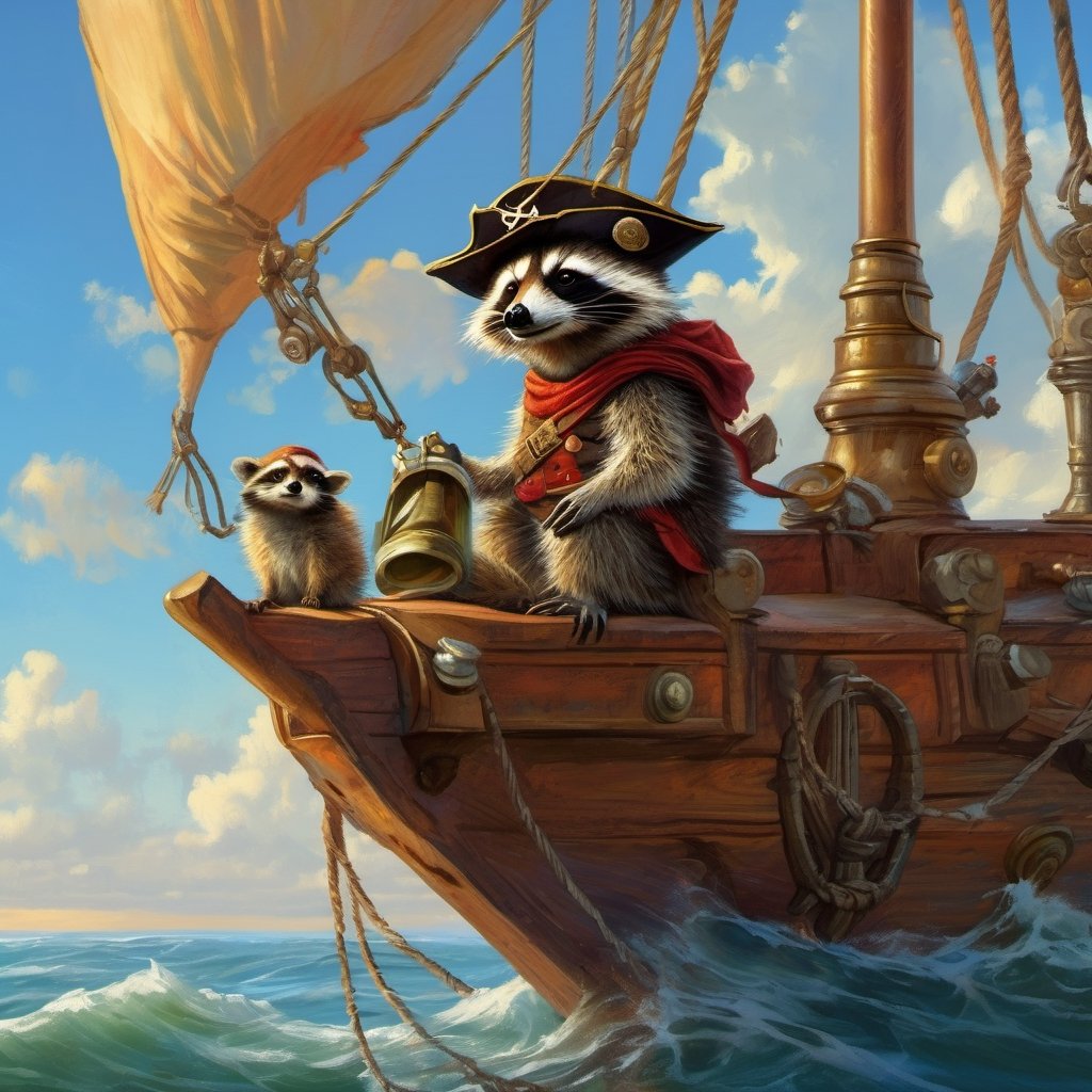Hyper-detailed  painting, Jean-Baptiste Monge style, one cuteA small, cute raccoon wearing a pirate hat stands on the crow's nest of a sailing ship, gazing through a telescope at the vast sea, glittering, cute and adorable, filigree, day light, fluffy, magic, surreal, fantasy, digital art, ultra hd, hyper-realistic illustration, vivid colors, day-light,greg rutkowski