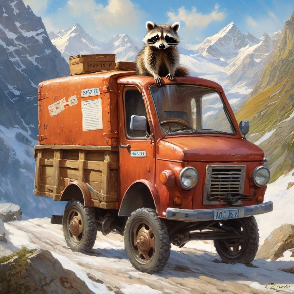 Hyper-detailed  painting, Jean-Baptiste Monge style, A small, cute raccoon travels through the Swiss mountains as a mail carrier in a vintage delivery van wearing a Swiss postal uniform, glittering, cute and adorable, filigree, day light, fluffy, magic, surreal, fantasy, digital art, ultra hd, hyper-realistic illustration, vivid colors, day-light,greg rutkowski