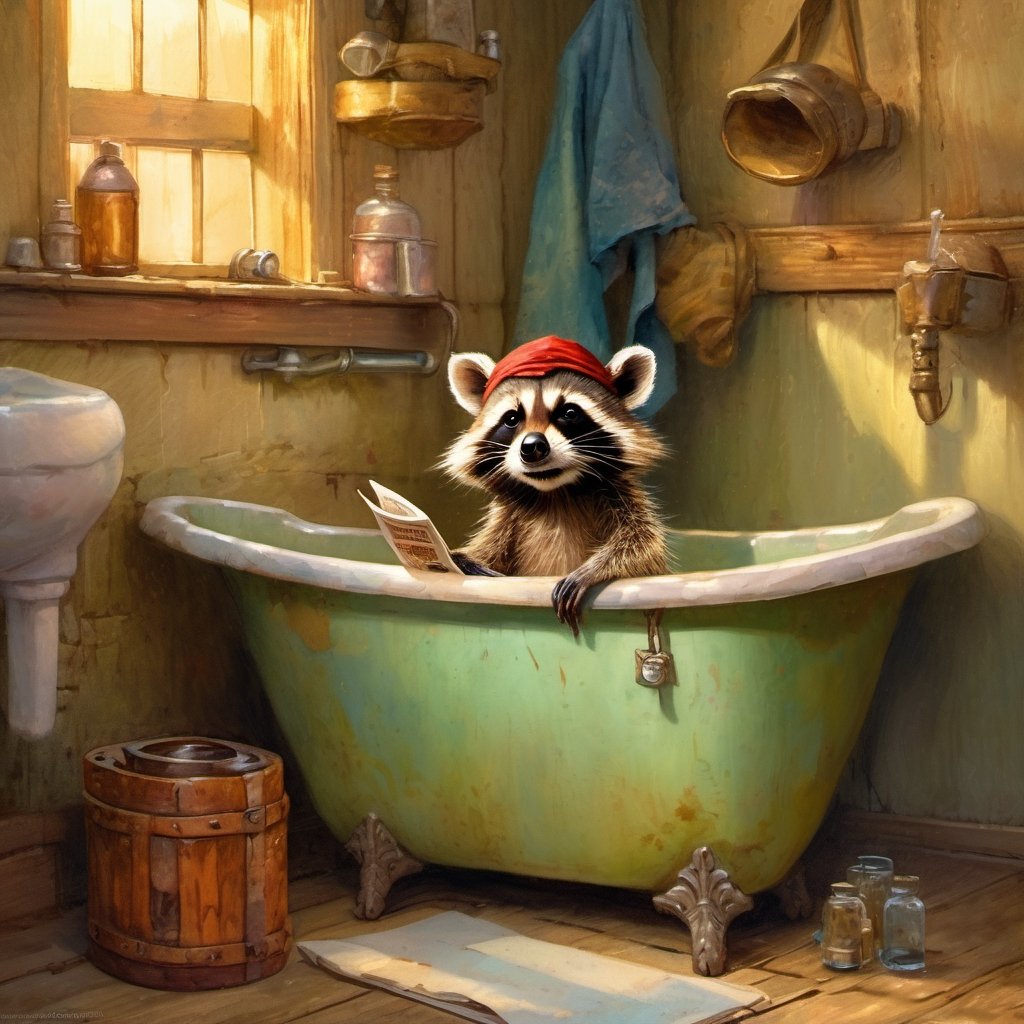 Hyper-detailed  painting, Jean-Baptiste Monge style, one cute little racoon sitting on the water closet in the bath room  and reading the newspaper,  wearing a pirate hat, glittering, cute and adorable, filigree, day light, fluffy, magic, surreal, fantasy, digital art, ultra hd, hyper-realistic illustration, vivid colors, day-light,greg rutkowski