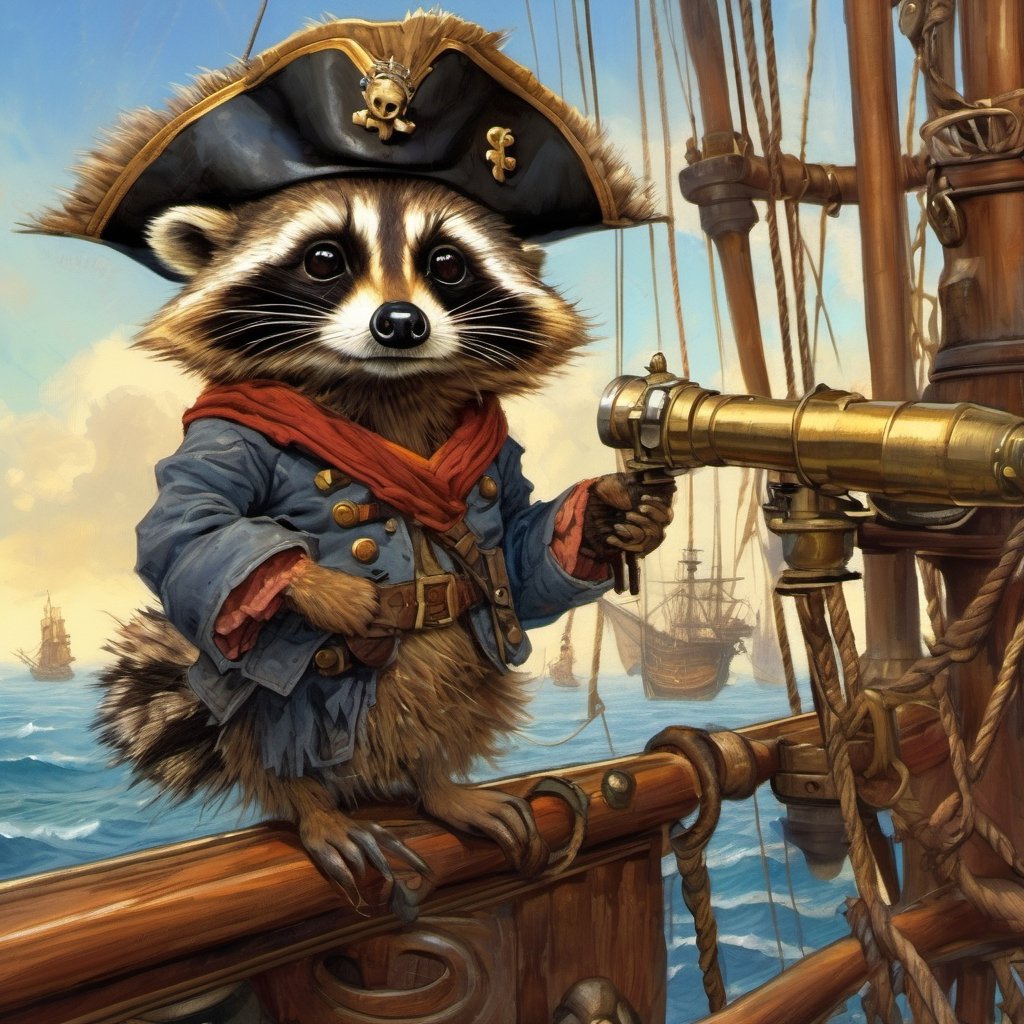 Hyper-detailed  painting, Jean-Baptiste Monge style, one cuteA small, cute raccoon wearing a pirate hat stands on the crow's nest of a sailing ship, gazing through a telescope at the vast sea, glittering, cute and adorable, filigree, day light, fluffy, magic, surreal, fantasy, digital art, ultra hd, hyper-realistic illustration, vivid colors, day-light,greg rutkowski