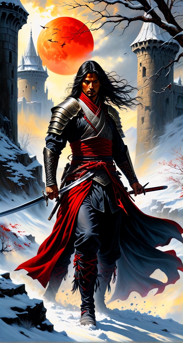 snow and blood, red on white,  epic battle, fantasy book cover illustration art by Amy Brown, Boris Vallejo, Heather Theurer  three parts in one art,  romantic, visible brushstrokes, splatter oil on canvas action painting brutal  Shaman hero saving gracious epic samurai, epic dark fantasy ,   close ethereal centered portrait, air perspective focus on eyes, windy, castle, artistic, gracious, light on face, shadow play., dynamic, dynamic pose, sharp eyes, mystical, shadow play, sunrise, fantasy, oil, dreamlike, artistic, intricated