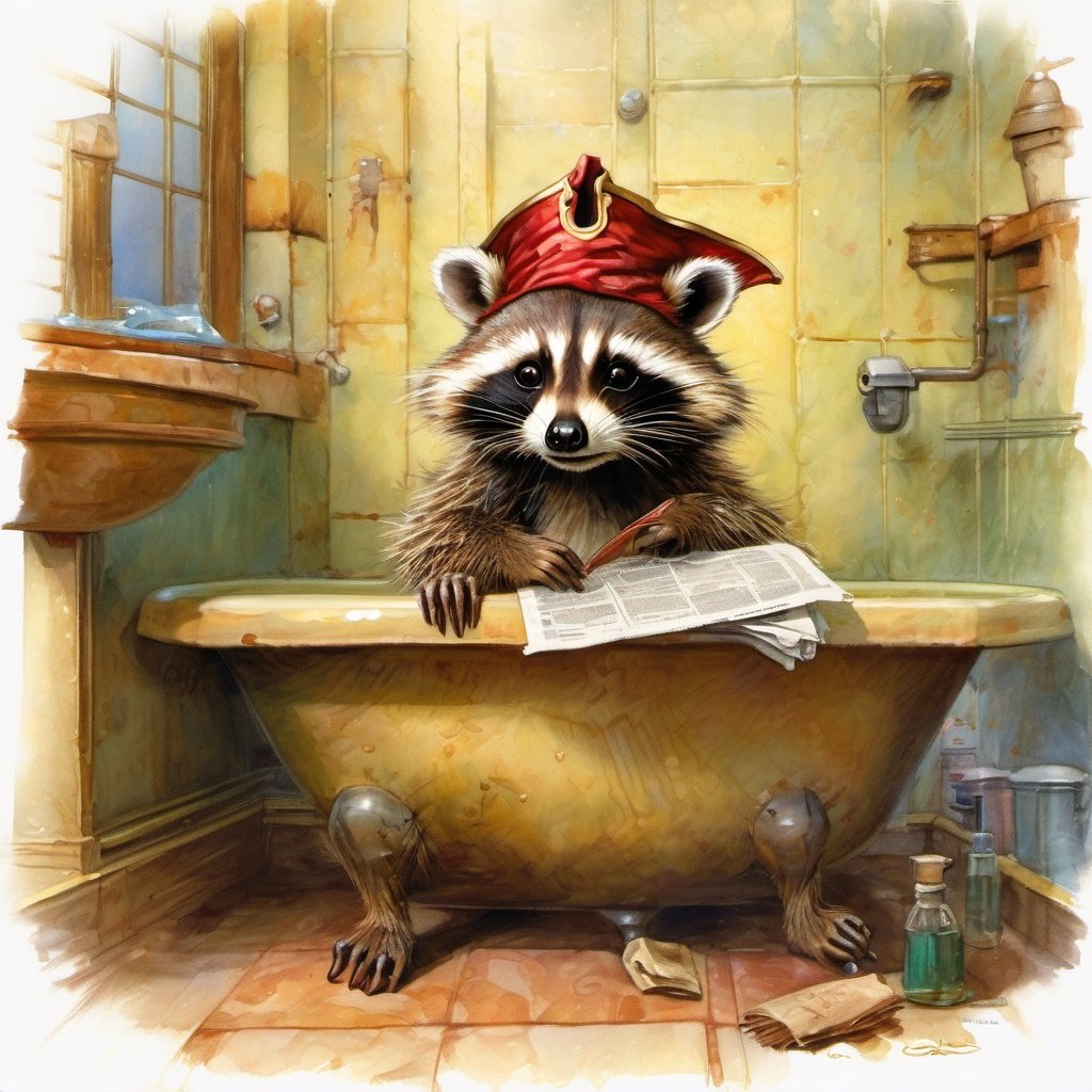 Hyper-detailed  painting, Jean-Baptiste Monge style, one cute little racoon sitting on the water closet in the bath room  and reading the newspaper,  wearing a pirate hat, glittering, cute and adorable, filigree, day light, fluffy, magic, surreal, fantasy, digital art, ultra hd, hyper-realistic illustration, vivid colors, day-light,greg rutkowski