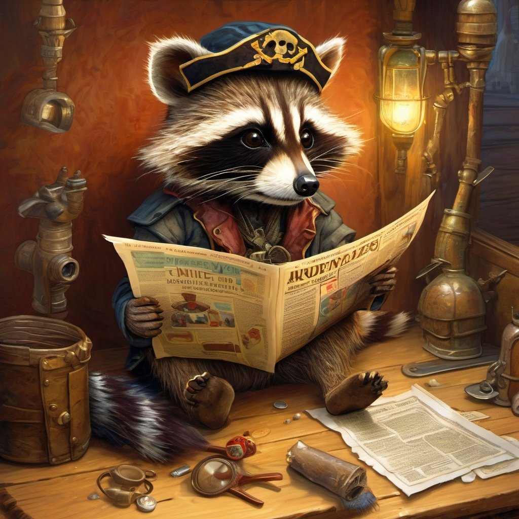 Hyper-detailed  painting, Jean-Baptiste Monge style, one cute little racoon sitting on the toilette and reading the newspaper,  wearing a pirate hat, glittering, cute and adorable, filigree, day light, fluffy, magic, surreal, fantasy, digital art, ultra hd, hyper-realistic illustration, vivid colors, day-light,greg rutkowski