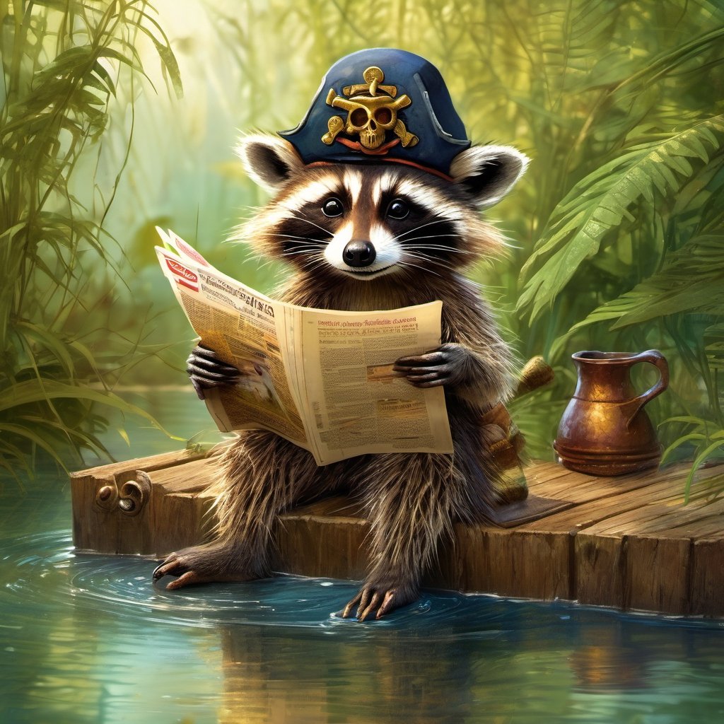 Hyper-detailed  painting, Jean-Baptiste Monge style, one cute little racoon sitting on the water toilette  and reading the newspaper,  wearing a pirate hat, glittering, cute and adorable, filigree, day light, fluffy, magic, surreal, fantasy, digital art, ultra hd, hyper-realistic illustration, vivid colors, day-light,greg rutkowski