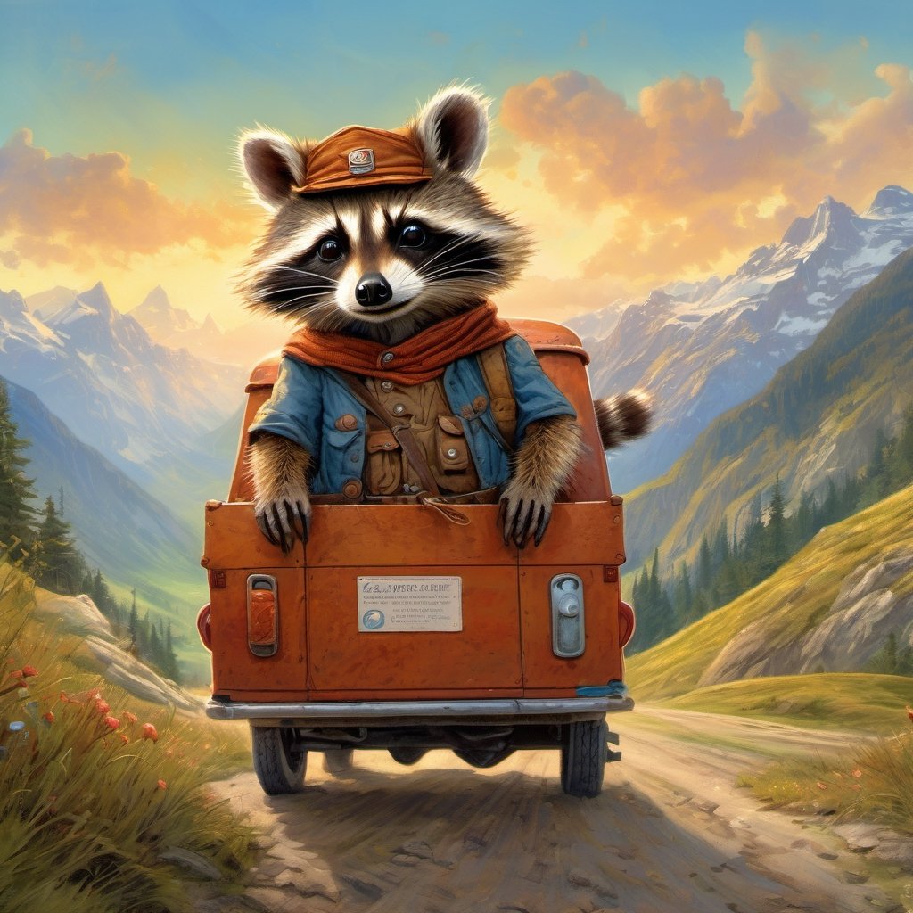 Hyper-detailed  painting, Jean-Baptiste Monge style, A small, cute raccoon travels through the Swiss mountains as a mail carrier in a vintage delivery van, wearing a Swiss postal uniform, glittering, cute and adorable, filigree, day light, fluffy, magic, surreal, fantasy, digital art, ultra hd, hyper-realistic illustration, vivid colors, day-light,greg rutkowski