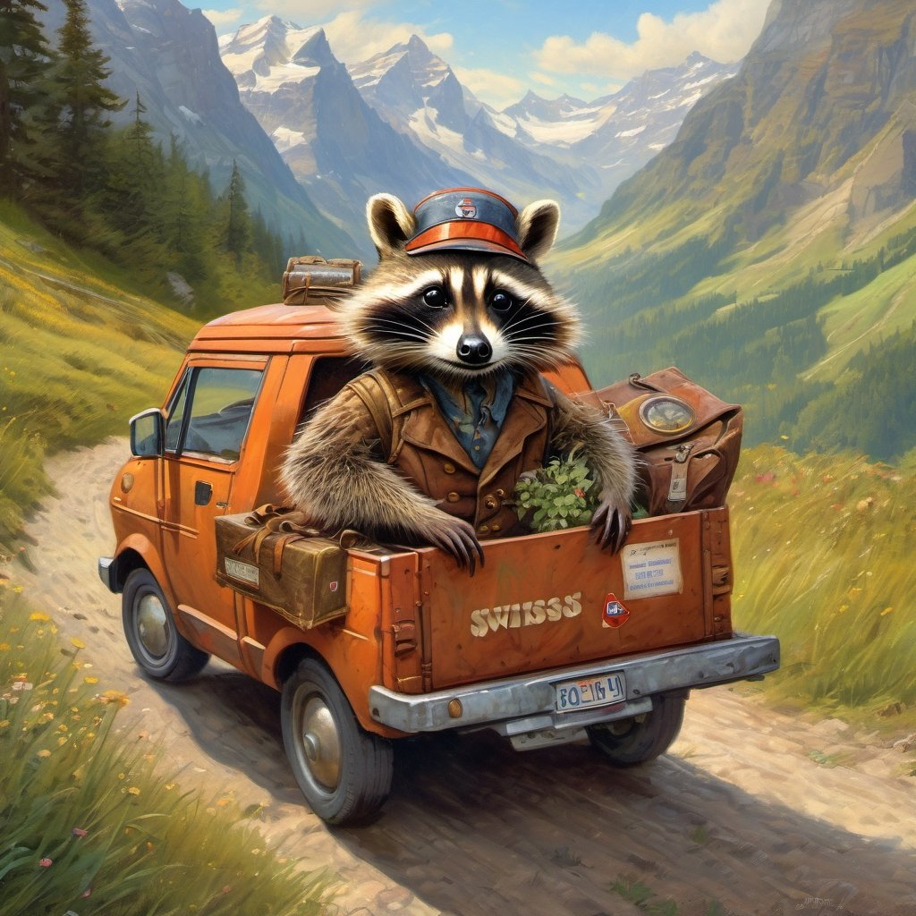 Hyper-detailed  painting, Jean-Baptiste Monge style, A small, cute raccoon travels through the Swiss mountains as a mail carrier in a vintage delivery van wearing a Swiss postal uniform, glittering, cute and adorable, filigree, day light, fluffy, magic, surreal, fantasy, digital art, ultra hd, hyper-realistic illustration, vivid colors, day-light,greg rutkowski