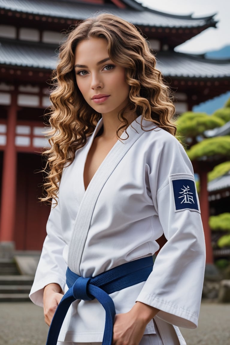 Side view of a very beautiful girl with long brunette curly hair and blue eyes, in an japanese Temple. (((her full body is visible))). She turns her face towards the viewer. Making eye contact. Her long hair is  partially covering her body. She is wearing torn white judo uniform, black belt.  The background is a japanese temple in front of fuji mountain (japan), sultry perfect body, big cleavage, realistic belt, realistic judo uniform
,photorealistic:1.3, best quality, masterpiece,MikieHara,aw0k euphoric style,A girl dancing, jenifer lopez