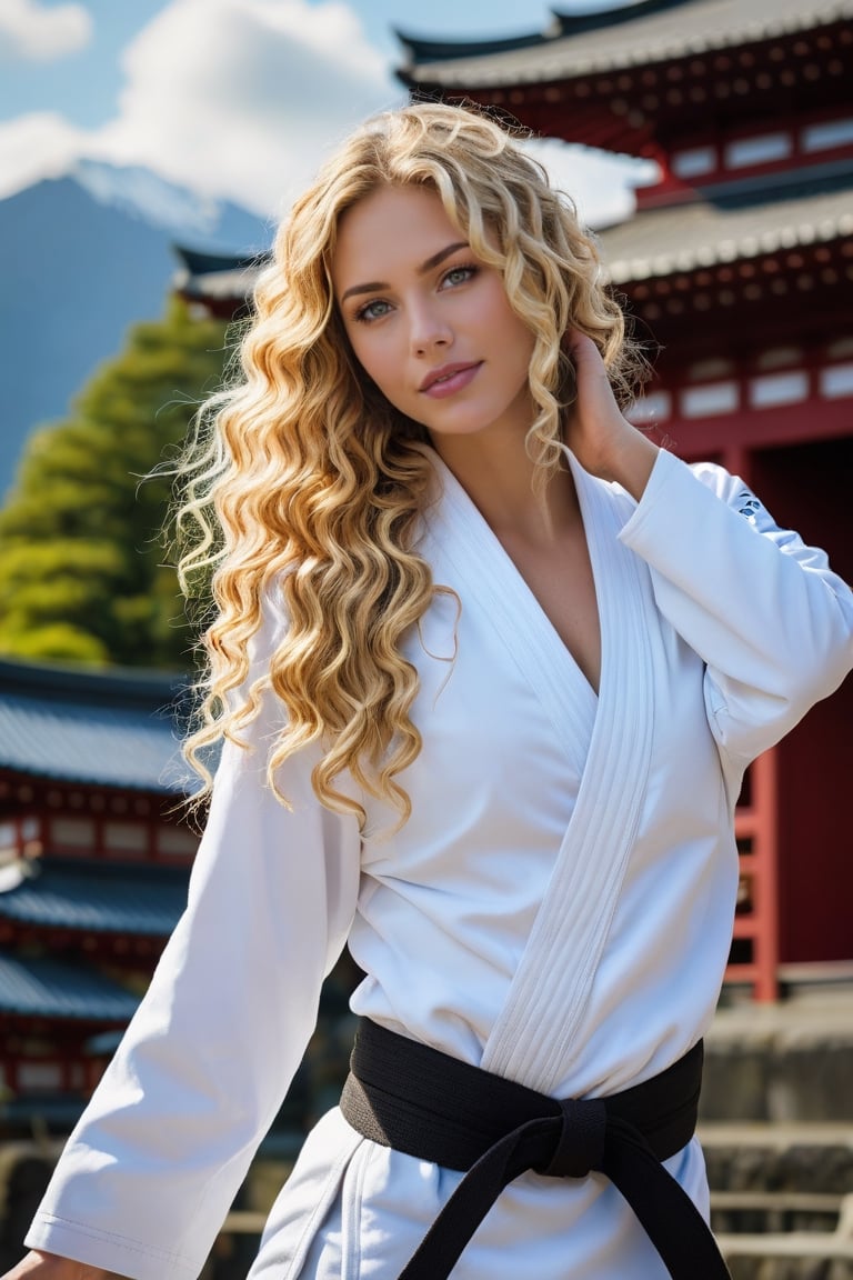 Side view of a very beautiful girl with long blonde curly hair and blue eyes, in an japanese Temple. (((her full body is visible))). She turns her face towards the viewer. Making eye contact. Her long hair is  partially covering her body. She is wearing torn white judo uniform, black belt.  The background is a japanese temple in front of fuji mountain (japan), sultry perfect body, big cleavage, realistic belt, realistic judo uniform
,photorealistic:1.3, best quality, masterpiece,MikieHara,aw0k euphoric style,A girl dancing, heidi klum