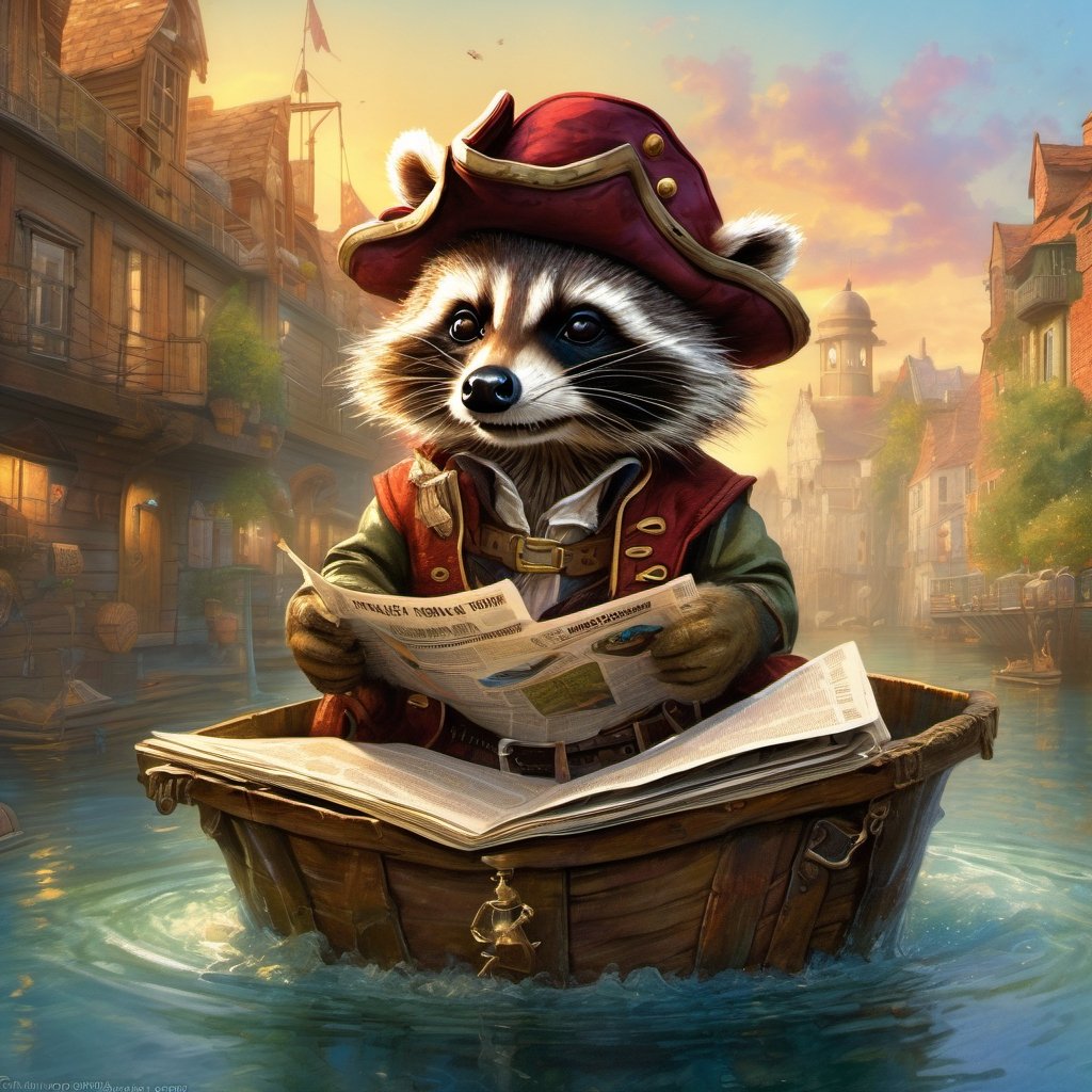 Hyper-detailed  painting, Jean-Baptiste Monge style, one cute little racoon sitting on the water closet  and reading the newspaper,  wearing a pirate hat, glittering, cute and adorable, filigree, day light, fluffy, magic, surreal, fantasy, digital art, ultra hd, hyper-realistic illustration, vivid colors, day-light,greg rutkowski